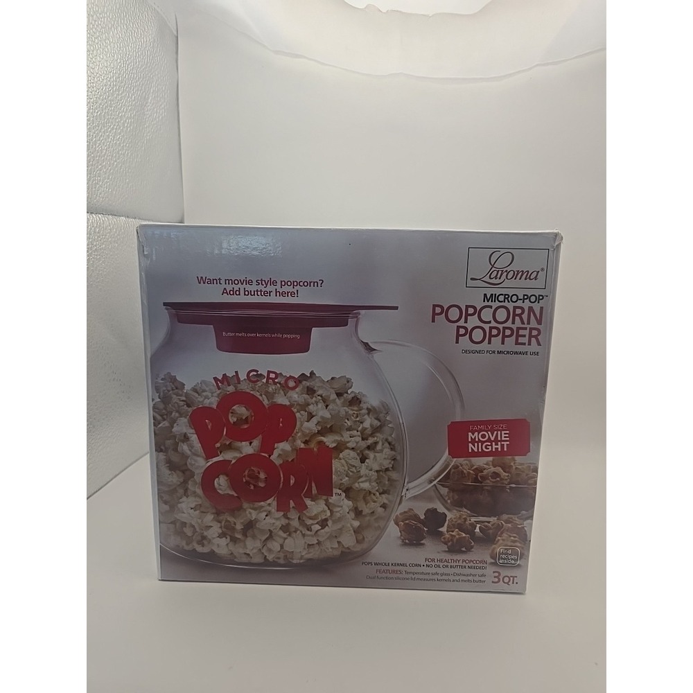 LaRoma Family Size Glass Microwave‎ Popcorn Popper Red Lid Measures Melts Butter